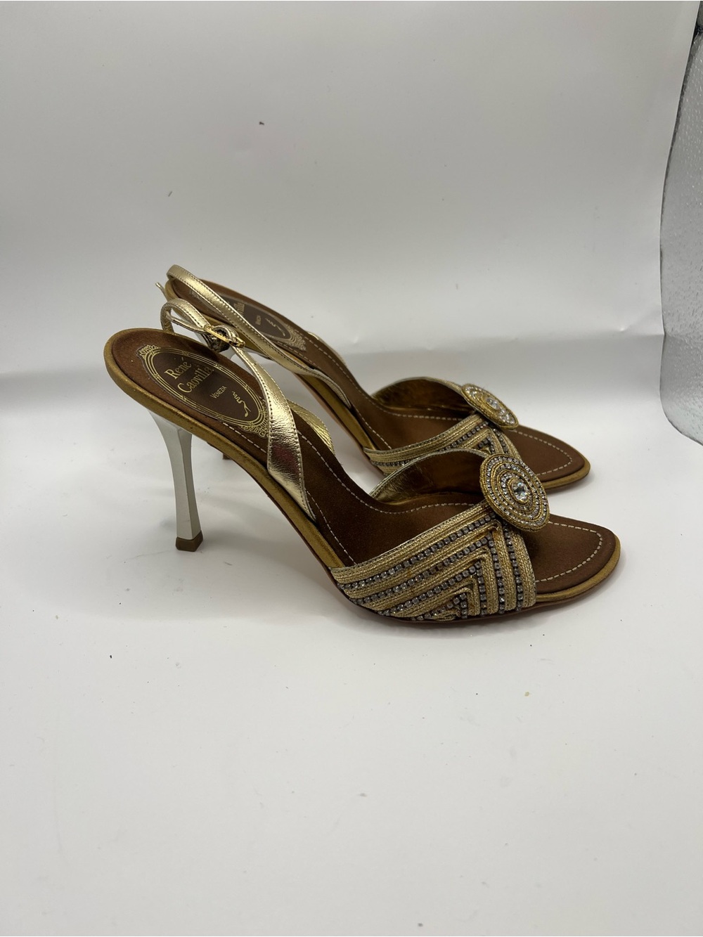 Rene Caovilla Gold Crystal Medallion Slingback Heels - Picture 15 of 15